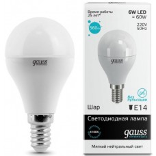 Лампа Gauss LED Elementary Шар 6W E14 450lm 4100K 1/10/100 53126