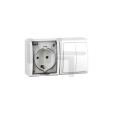 Блок, розетка с заземлением Schuko 16А 250В + выключатель двухклавишный 10А 250В, IP54, S15 Aqua, бе 1594515-030