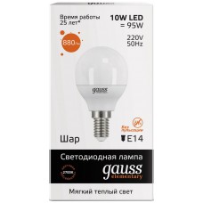 Лампа Gauss LED Elementary Шар 10W E14 710lm 3000K 1/10/100 53110