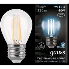 Лампа Gauss LED Filament Шар E27 7W 580lm 4100K 1/10/50 105802207