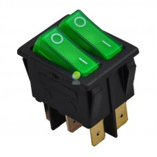 Выключатель клавишный 250V 15А (6с) ON-OFF зеленый  с подсветкой  ДВОЙНОЙ  REXANT 36-2412